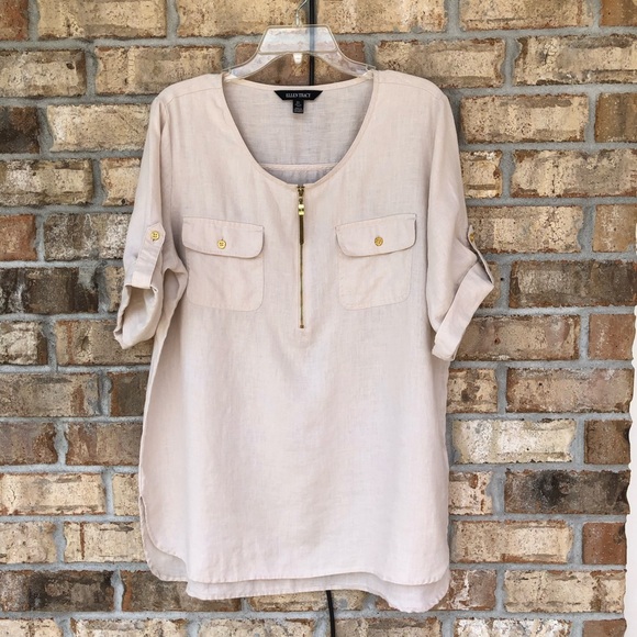 Ellen Tracy 100% Linen 1/4 Zipper Cuffed Short Sleeve Light Tan Tunic Top L - Picture 2 of 15